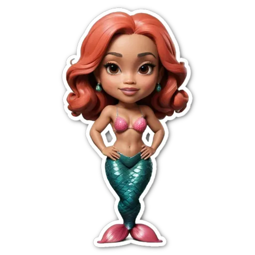 A girl in a mermaid costume standing on a black background.