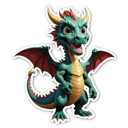 A green and red dragon is stickerised on a black background.