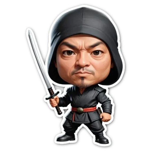 A cartoon depiction of a man as a ninja holding a sword.