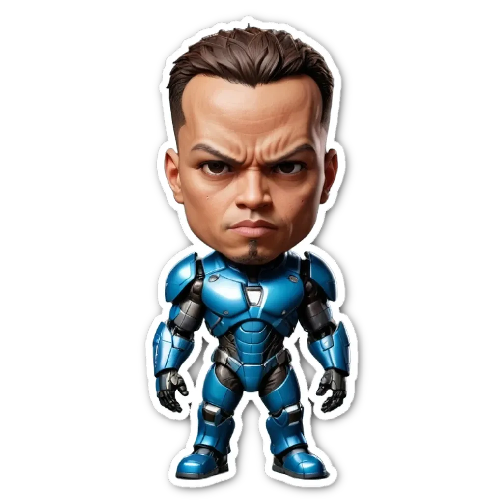 A figure in a blue suit that is angry.