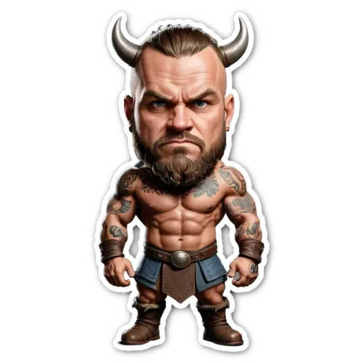 A sticker of a man with two horns and a muscular build.