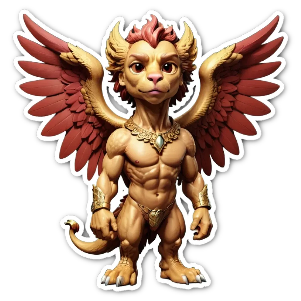 A gold winged creature with a muscular body and a necklace around his neck.