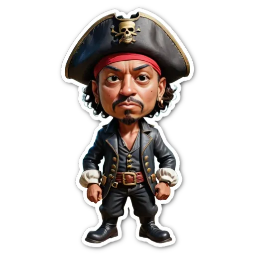 A cartoon depiction of a pirate in a black jacket and red bandana.