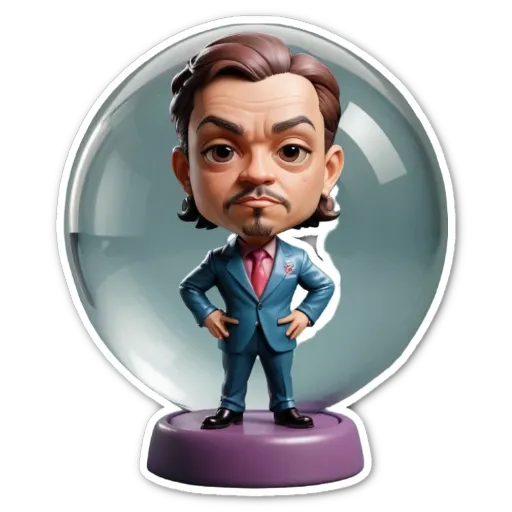 A figure in a suit is standing in front of a glass ball.