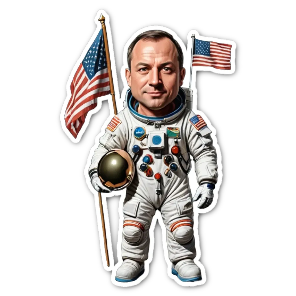 A man in a space suit holding a space helmet and standing with two flags.