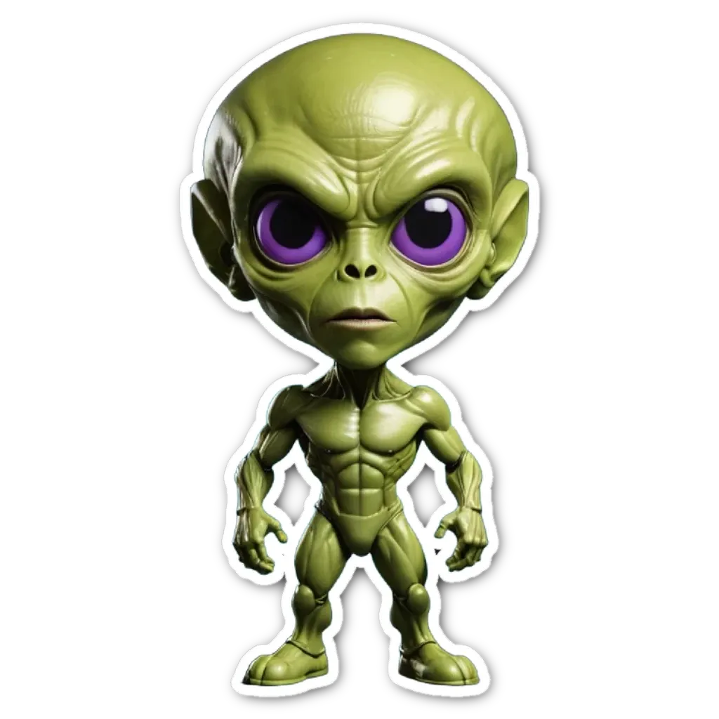 A green alien is standing up with two eyes and two lips.