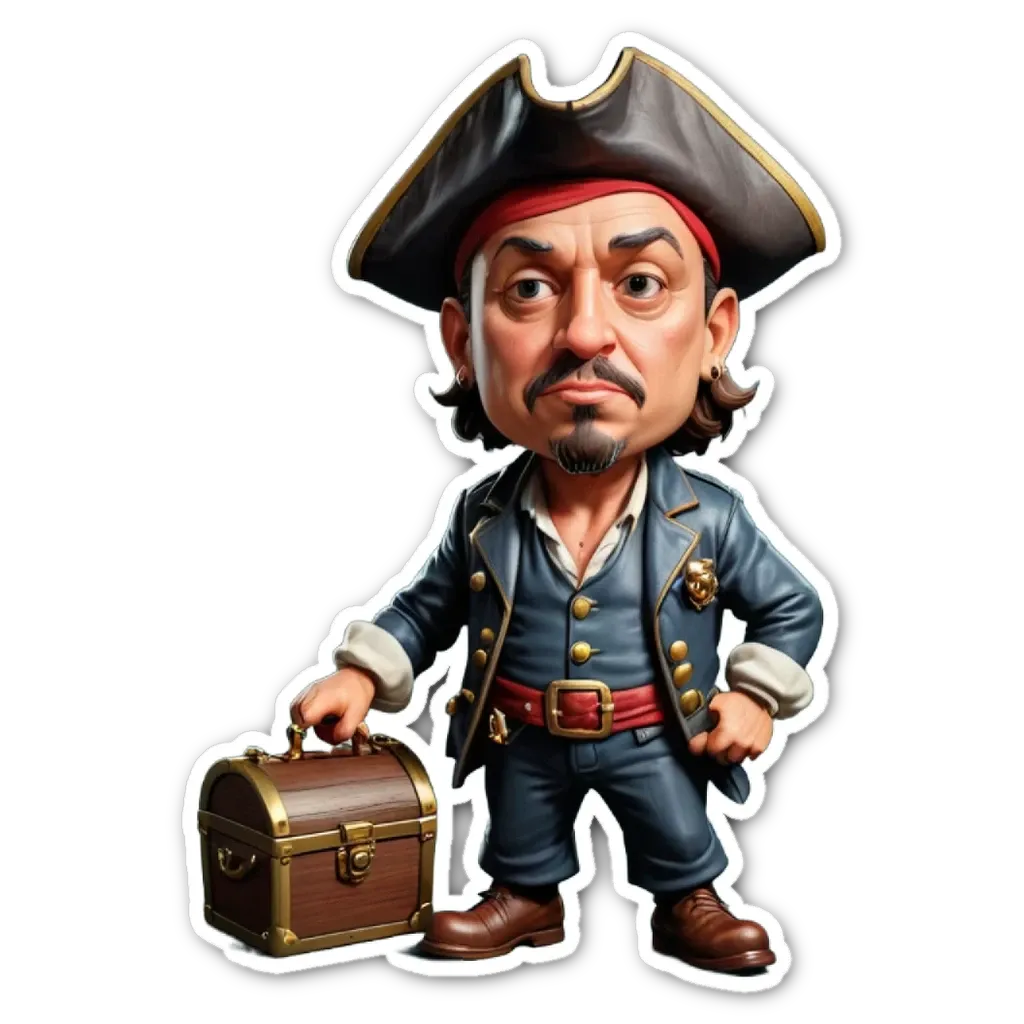 A cartoon depiction of a man wearing a pirate hat and carrying a brown suitcase.