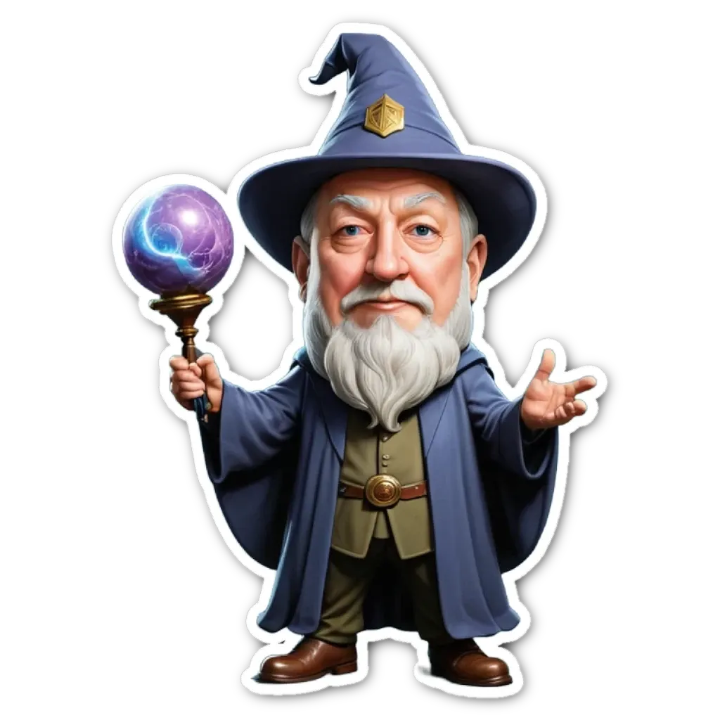 A cartoon drawing of a wizard with a magic staff.