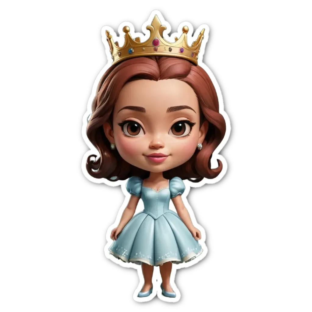 A small cartoon girl with a crown on her head is wearing a blue dress.