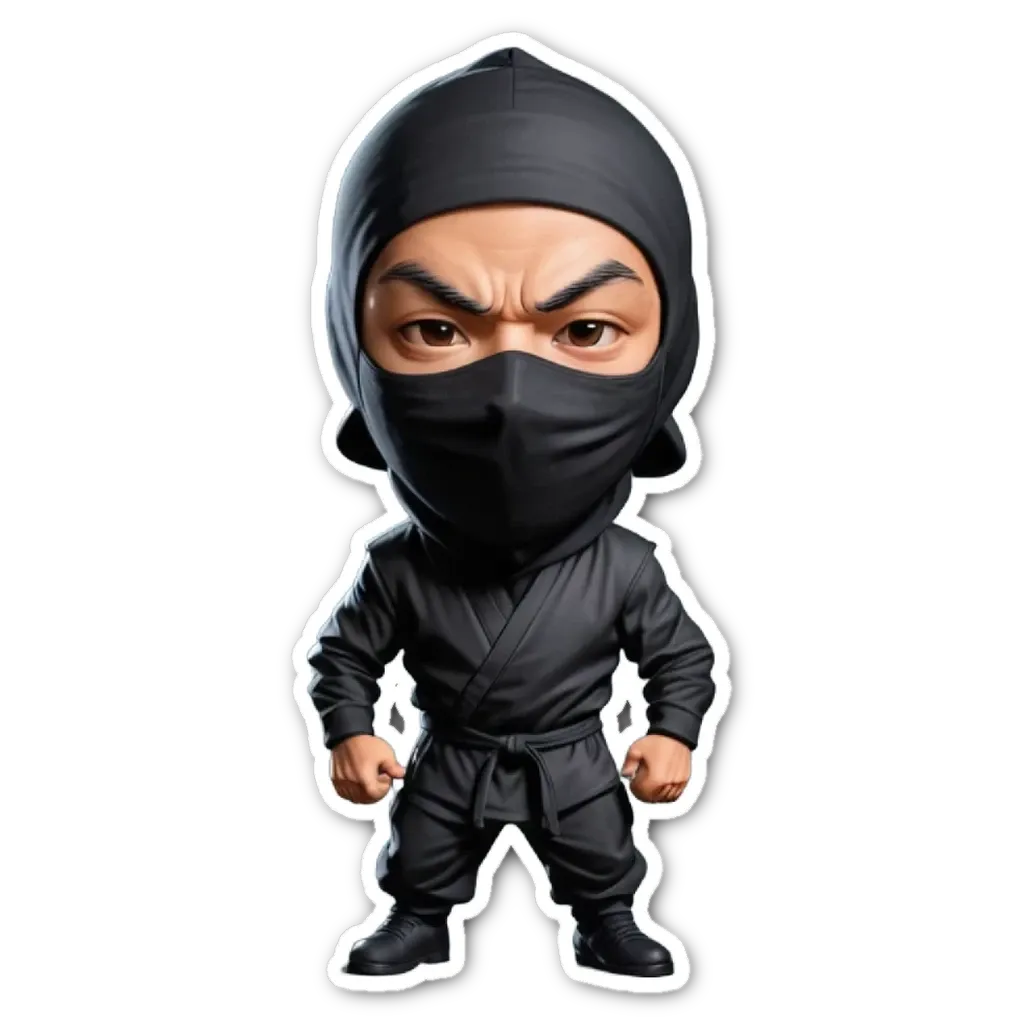 A sticker of a ninja that is black and wearing a black mask.