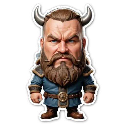 A sticker of a man with Viking looks on his face.