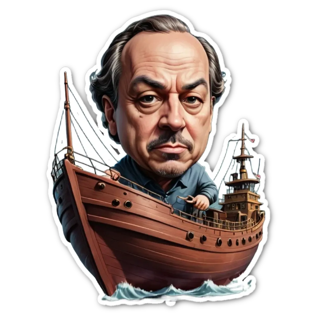 A sticker of a man in a ship that is cartoonish.