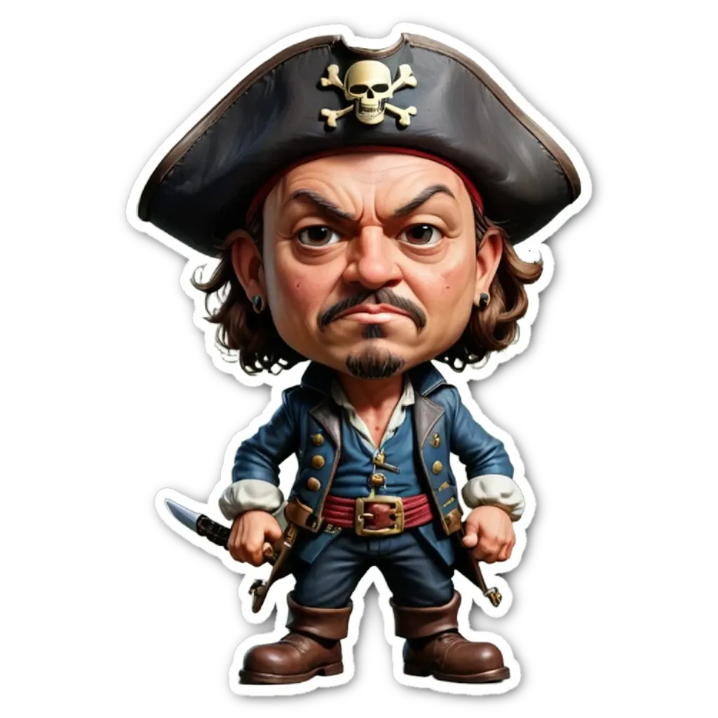 A cartoon depiction of a pirate holding a sword.