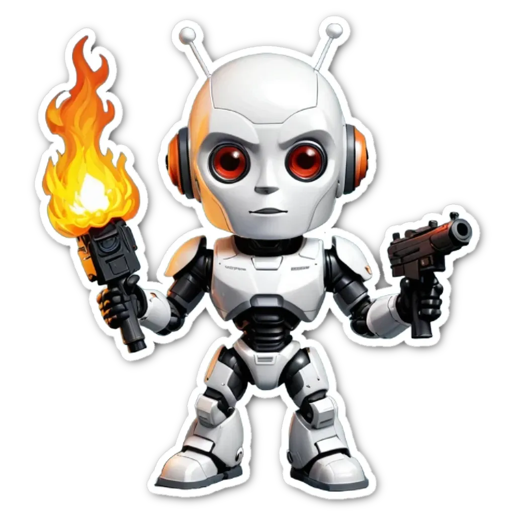 A white robot holding a gun and a torch.