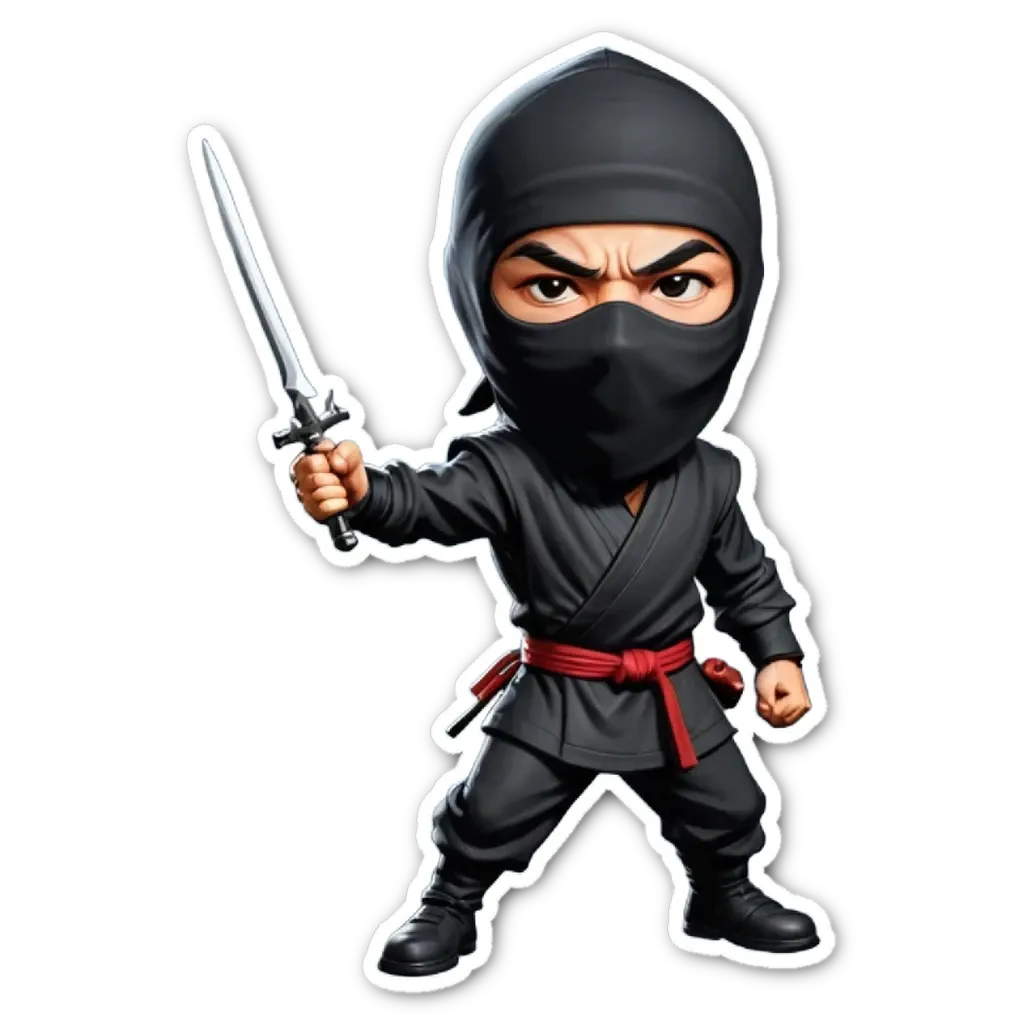 A cartoon image of a black ninja with a katana sword.