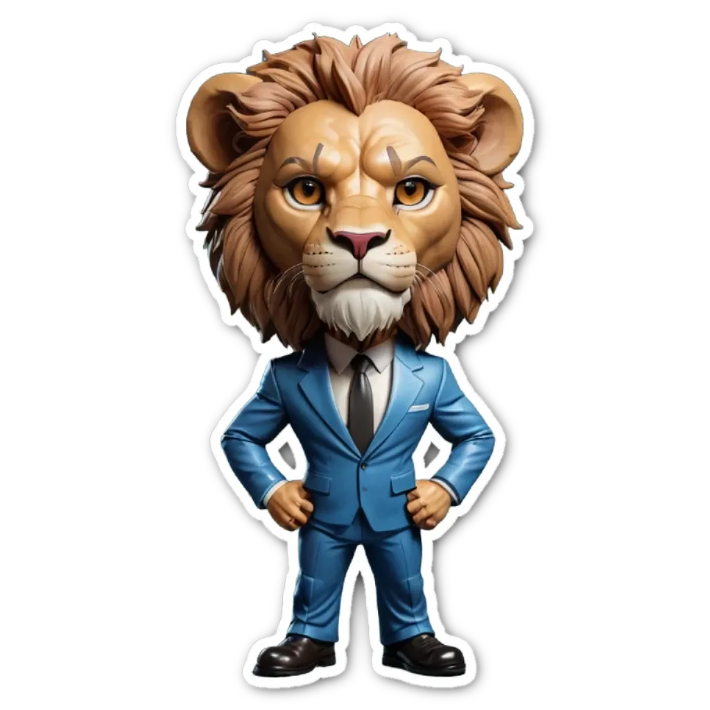 A cartoon lion in a blue suit and tie.