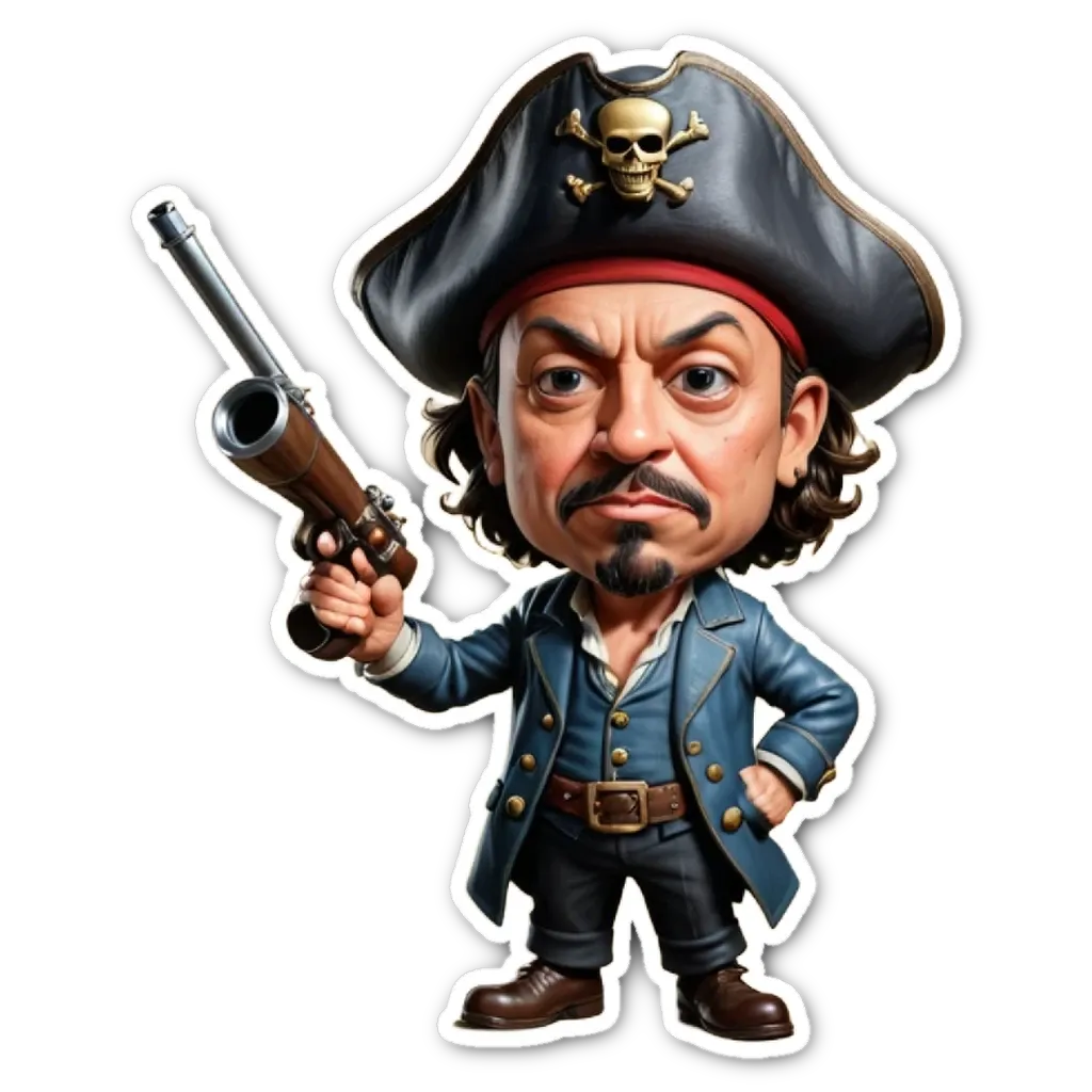 A cartoon depiction of a pirate holding a gun.