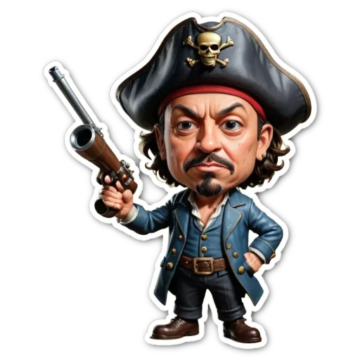 A cartoon depiction of a pirate holding a gun.