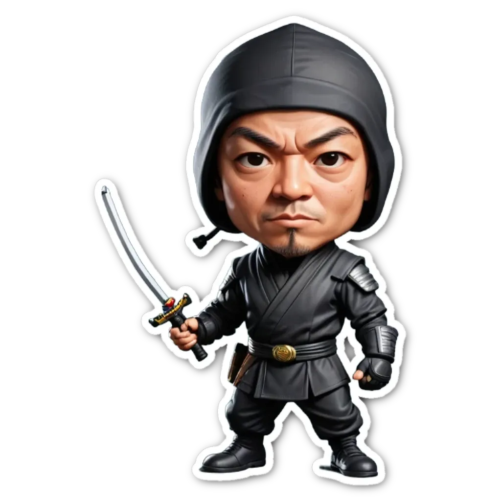 A cartoon depiction of a black ninja holding a sword.