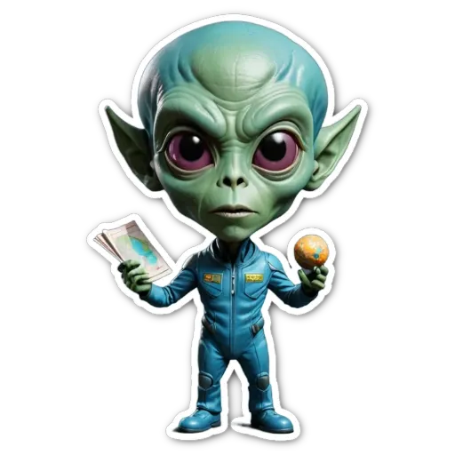 A sticker of a green alien that is wearing a blue jacket.