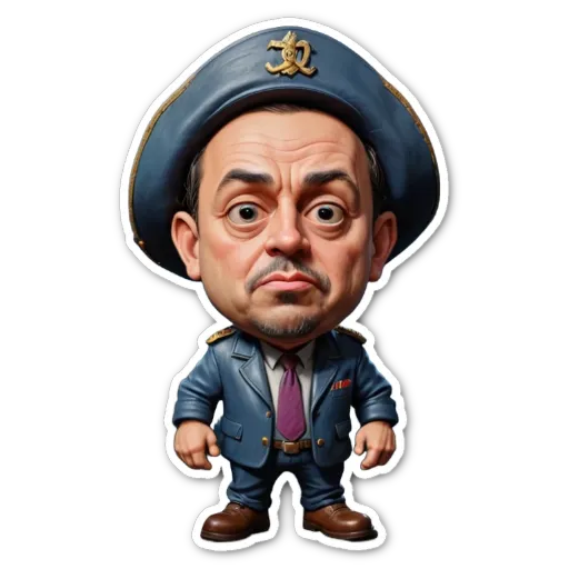 A sticker of a man in a hat and tie that is color blue.