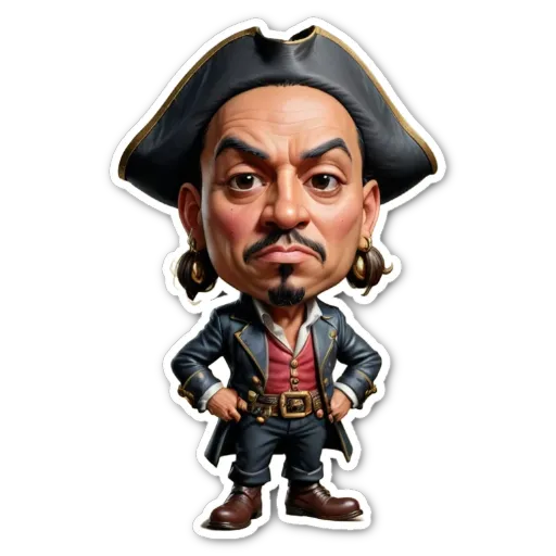 A cartoon depiction of a man wearing a pirate's costume.