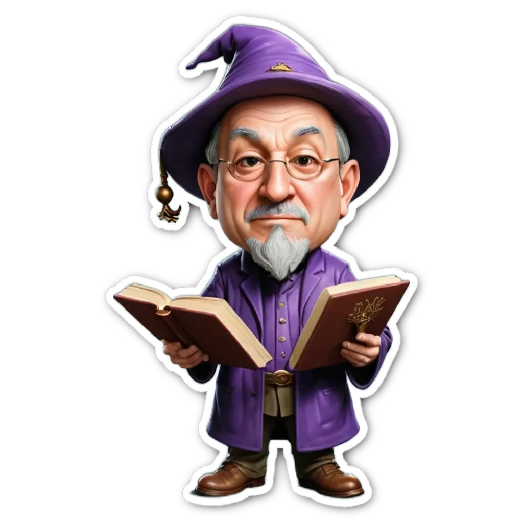 A cartoon of a man reading from a book with a purple hat.