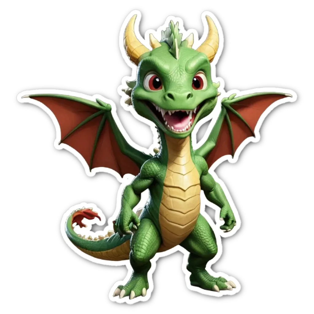 A green and gold dragon that is smiling.