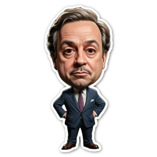 A drawing of a man in a suit with a sticker of him.