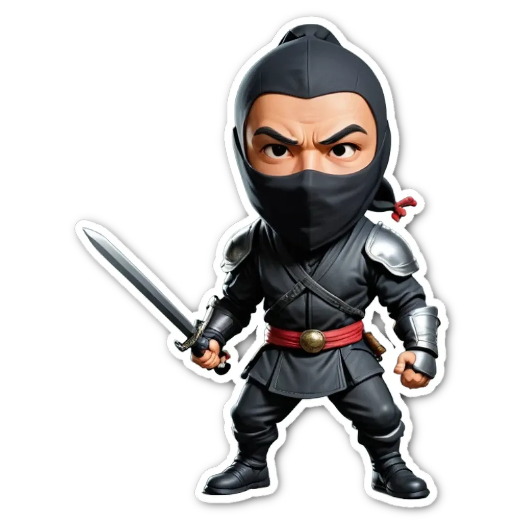 A cartoon image of a black ninja with a sword.