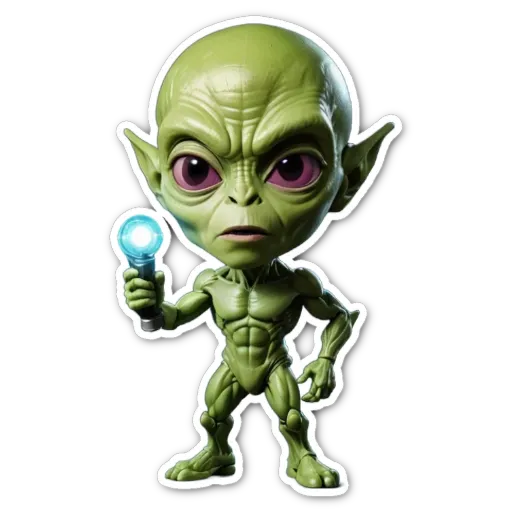 A green alien from a science fiction movie who is holding a beam.