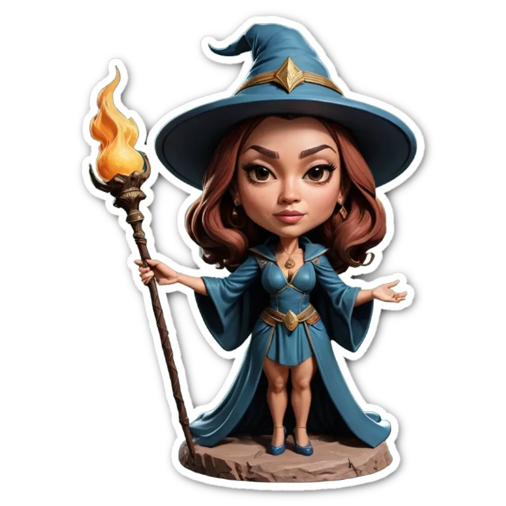 A cartoon depiction of a woman with a magic staff.