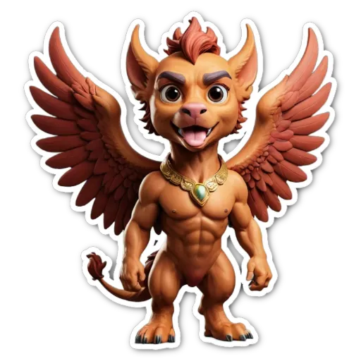 A sticker of a beast with wings that is of a gold color.