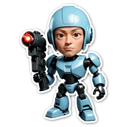 A blue character holding a gun in a sticker.