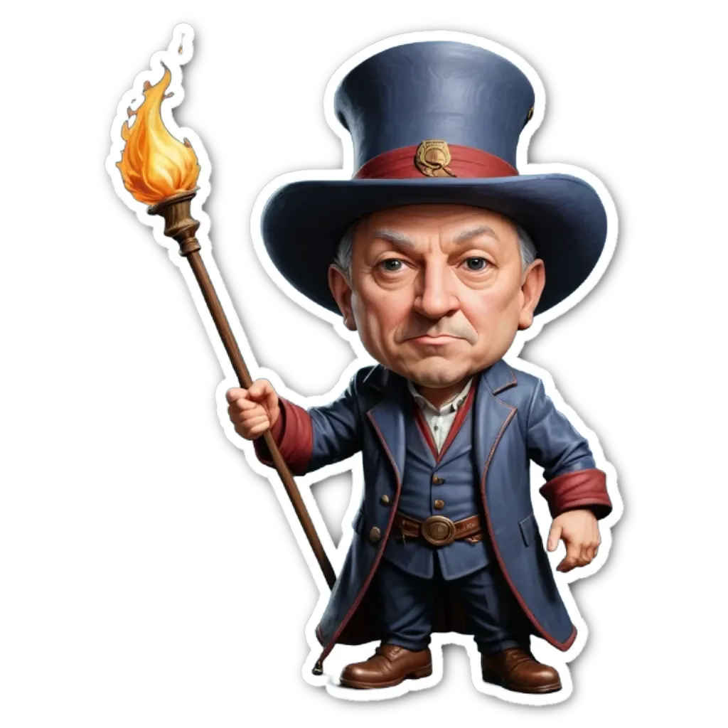 A cartoon depiction of a man wearing a top hat and holding a torch.