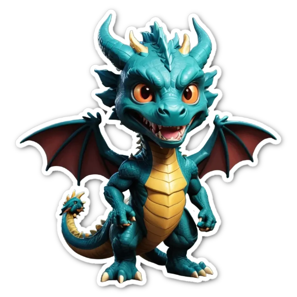 A dragon that is blue and yellow with red wings.