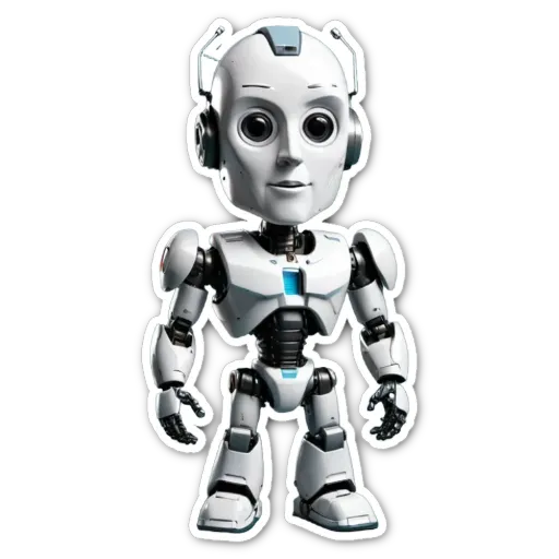 A white robot with blue eyes is standing on a black background.