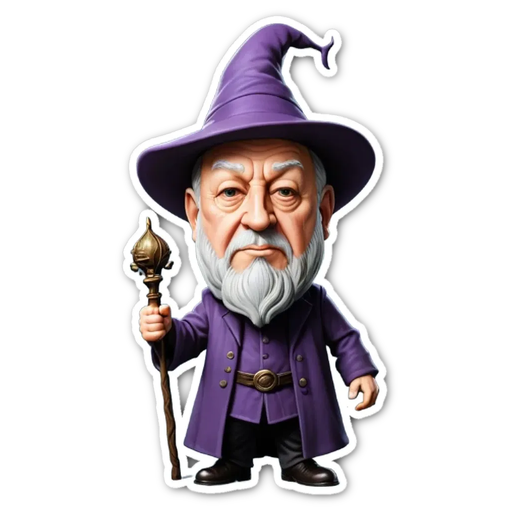 A cartoon drawing of a wizard with a purple hat and a staff.