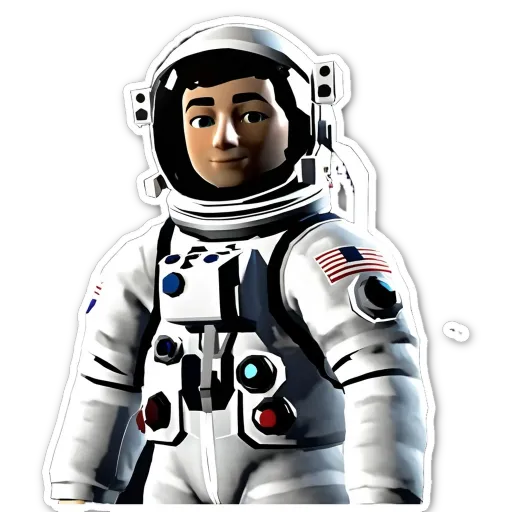 A boy in a spacesuit that is sticker-ed.