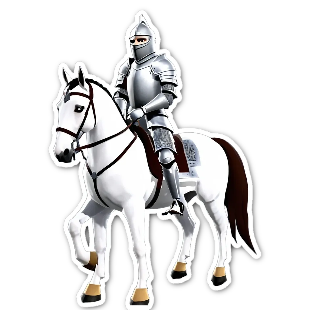 A sticker of a knight on a white horse.