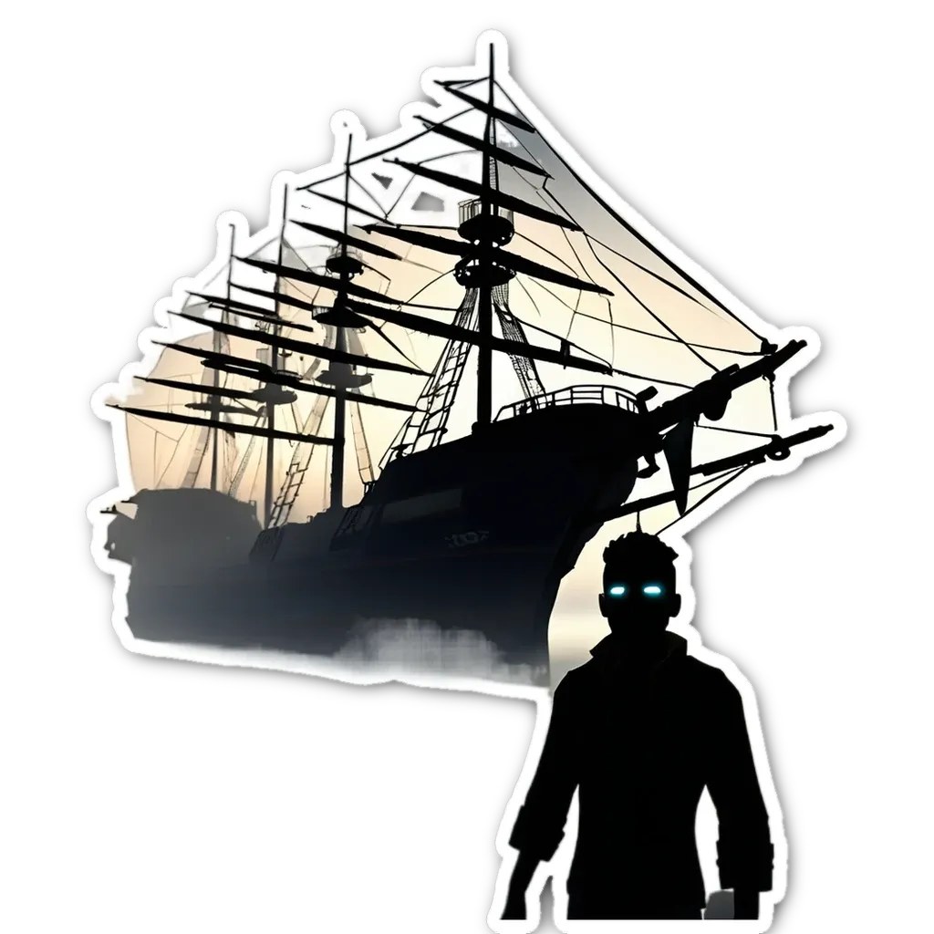 A sticker of a ship in the water with a man silhouette against it.