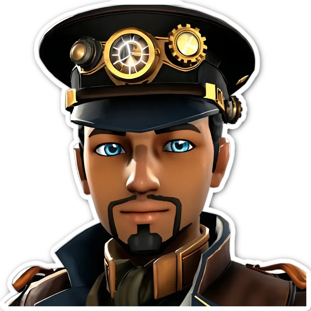 A man in a steampunk style costume with a black hat and a mustache.