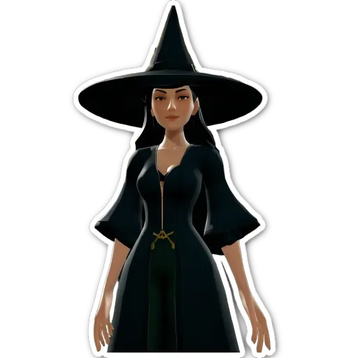 A woman in a witch costume is standing in front of a black background.