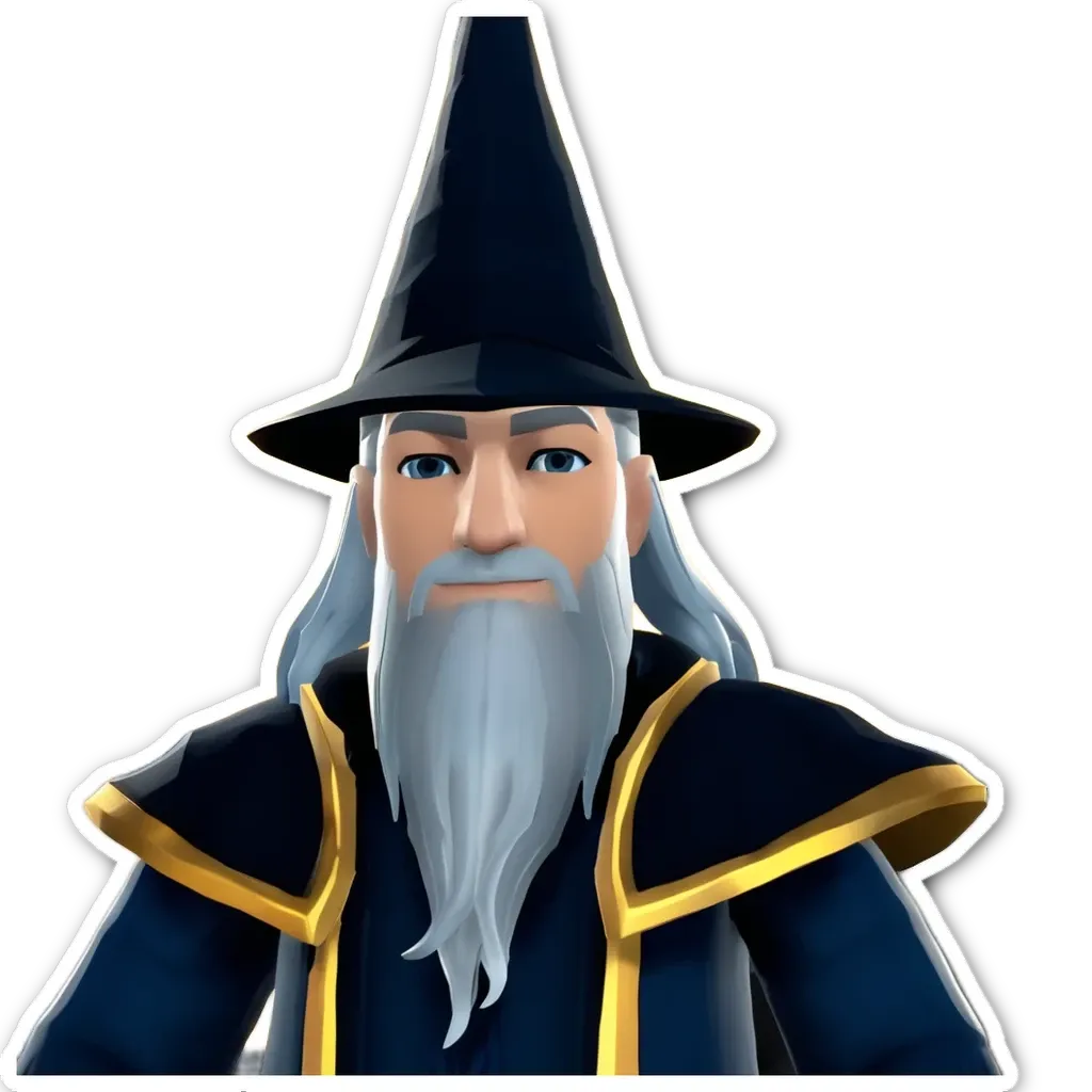 A cartoon of a wizard with a long beard and a black hat.