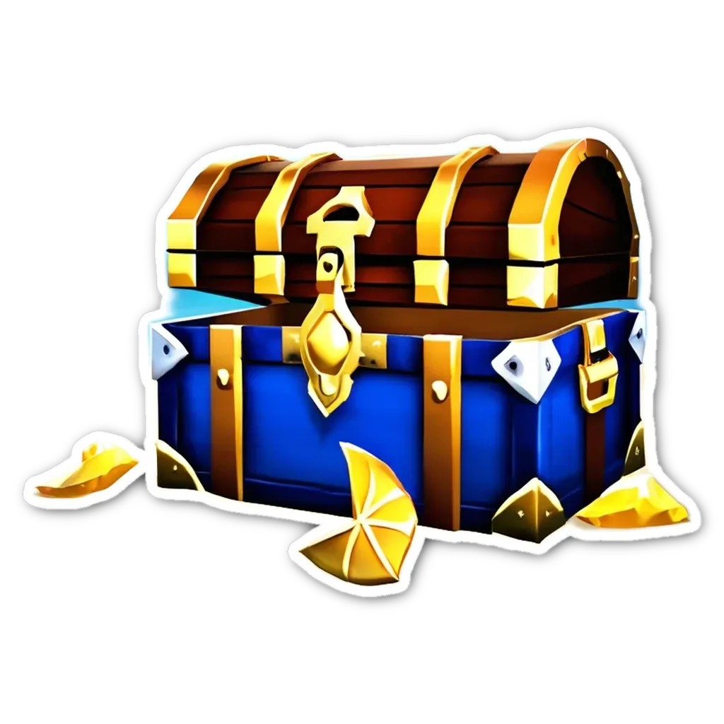 A blue chest with a gold lock is shown with other items such as a triangle and some gold coins.