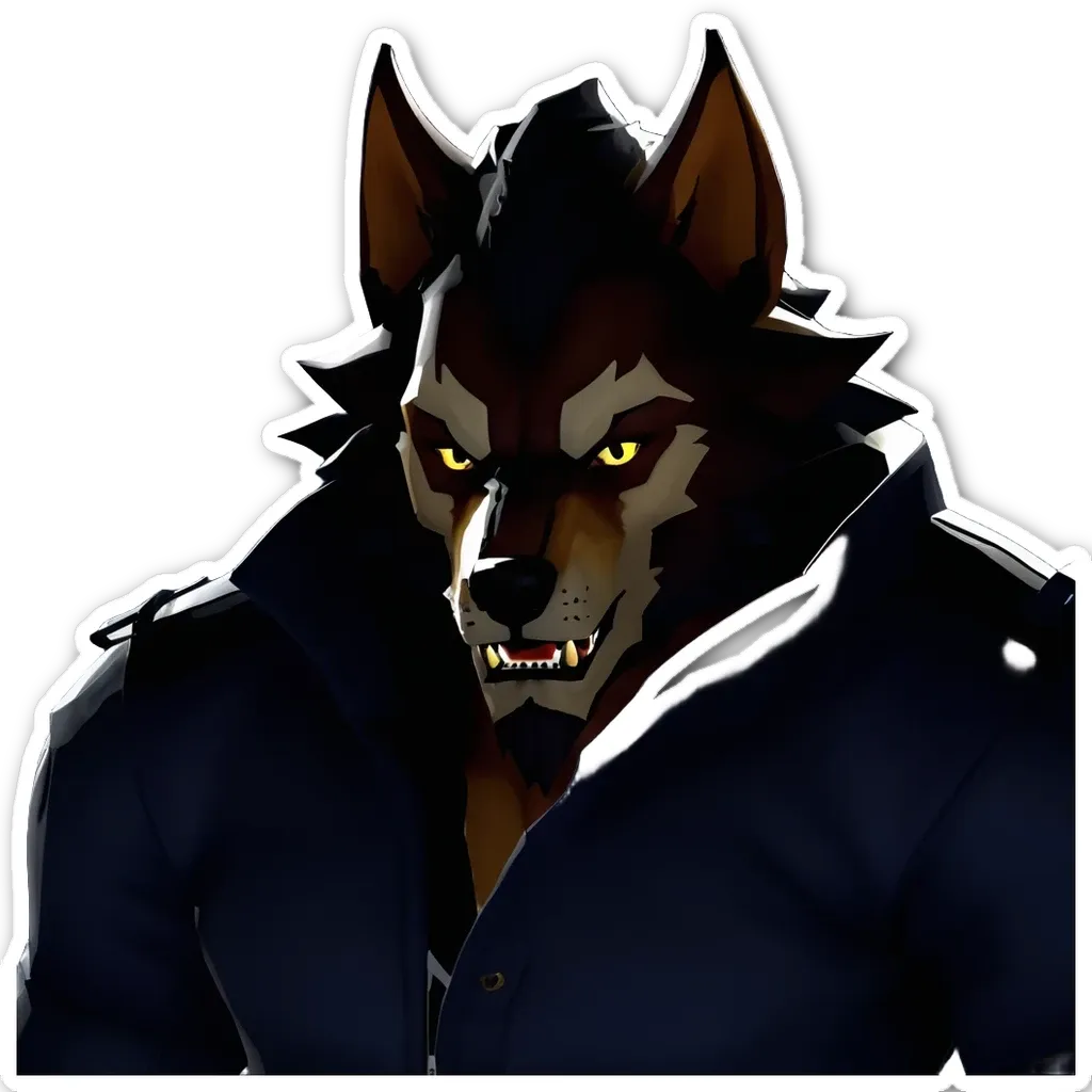 A sticker of a werewolf with yellow teeth that is completely in black.