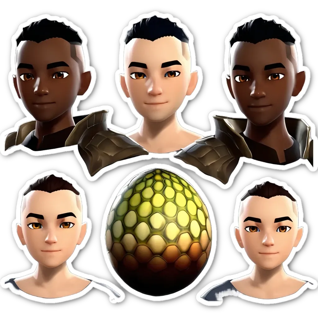 A series of faces of boys are shown with a large egg in the middle.