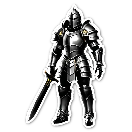 A knight holding a sword in a black outfit on a black background.