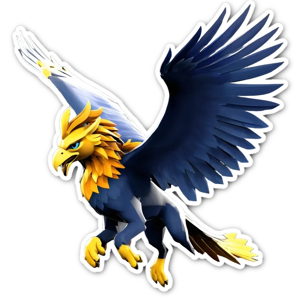 A blue and gold bird with yellow feet is flying through the air.