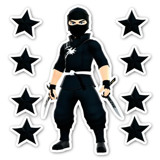 A sticker of a person with knives and stars that say ninja.